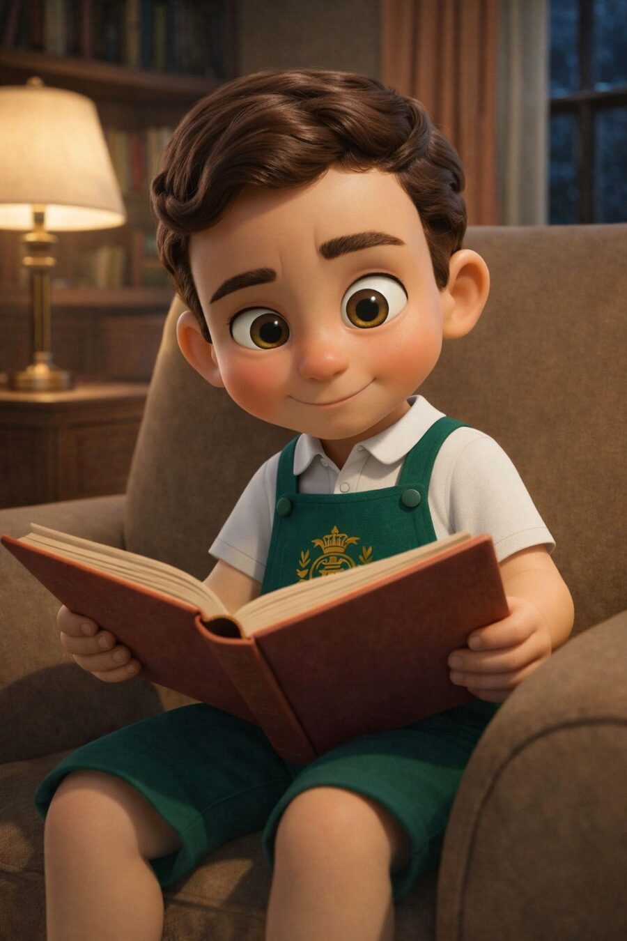 Luisinho, mascote do colégio, lendo um livro