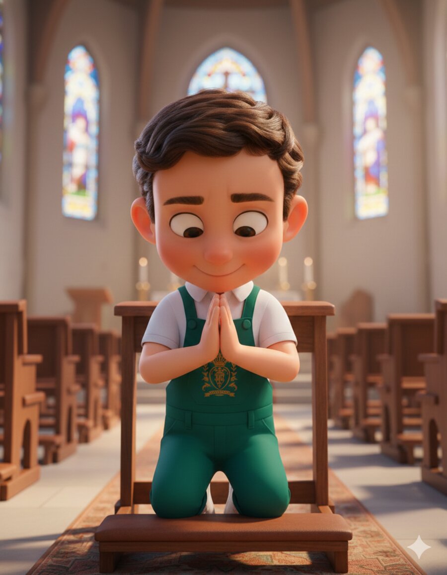 Luisinho, mascote do colégio, rezando de mãos postas na capela