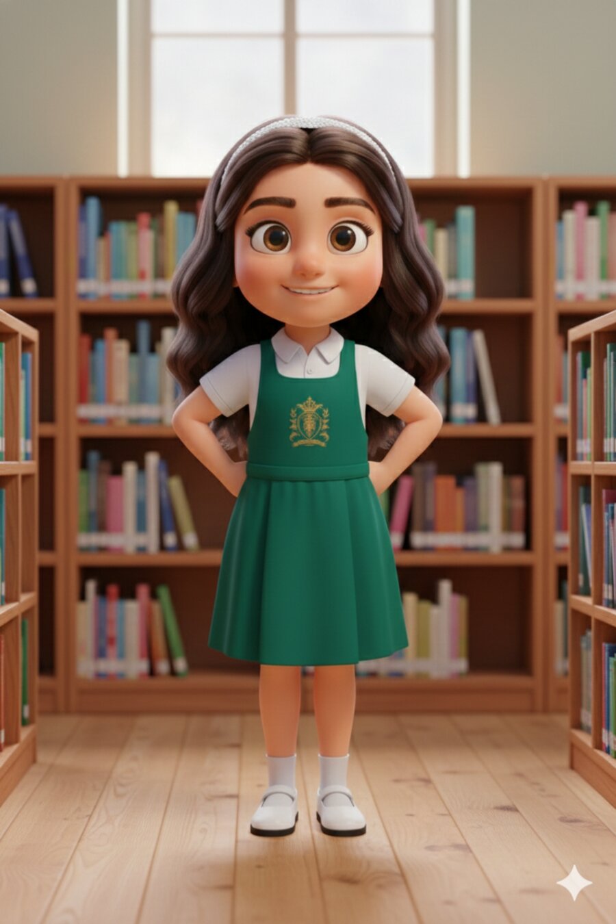 Luiza, mascote do colégio, na biblioteca