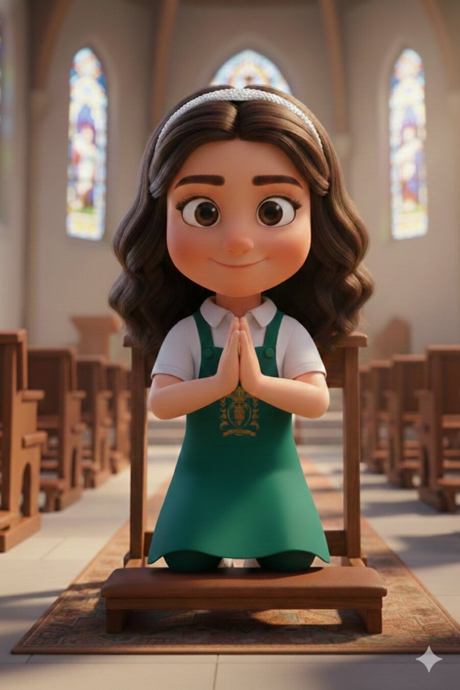 Luiza, mascote do colégio, rezando na capela